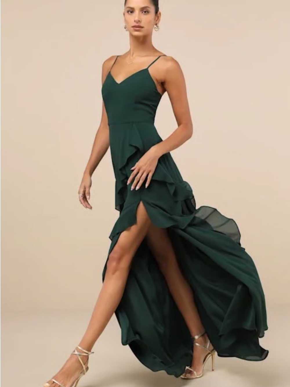 Lulu's Forest Green High-Low Ruffle Maxi Dress